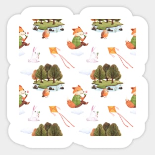 Happy Fox and Bunny in the Forest Illustration Sticker